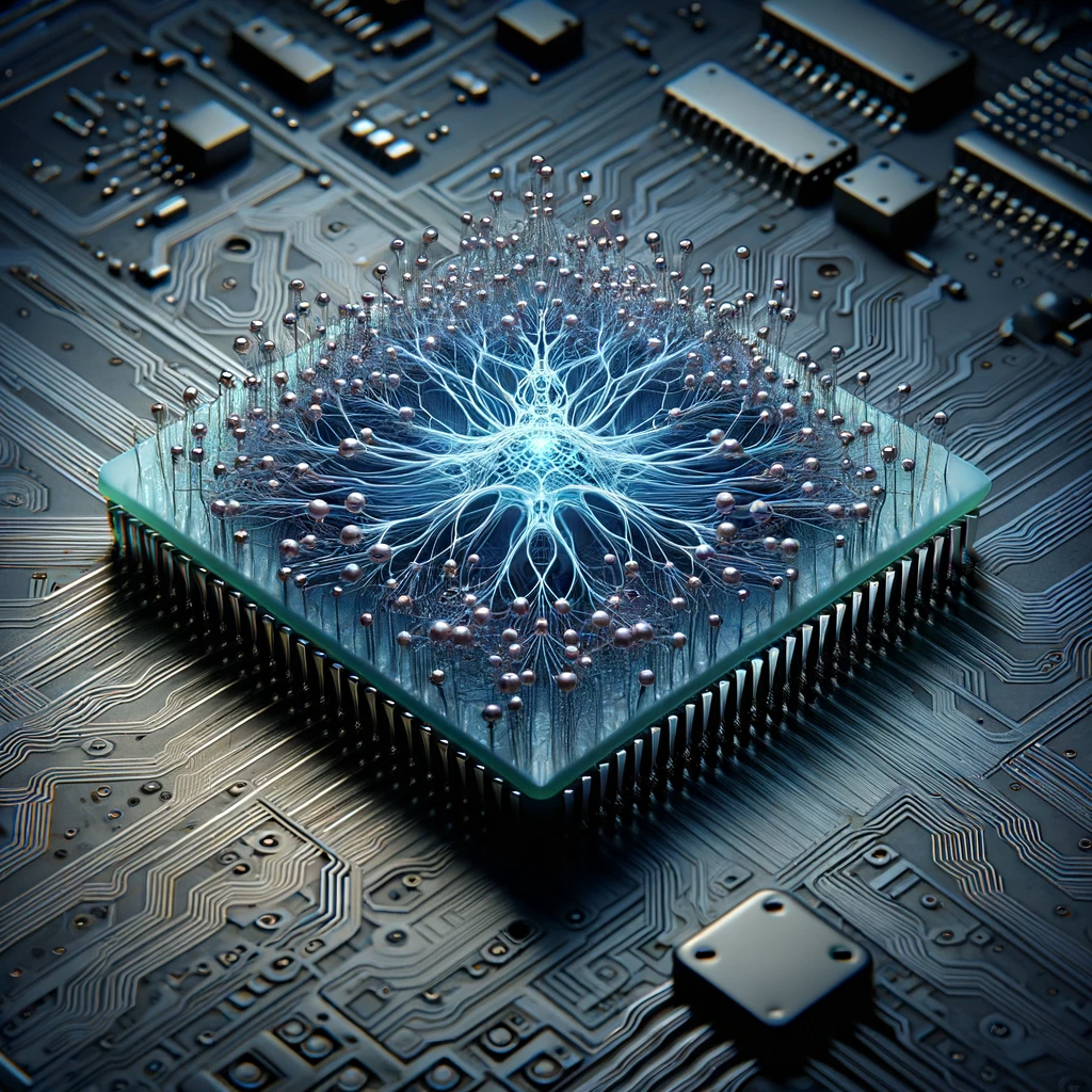 intricate design of a neuromorphic chip, inspired by the neural network of the human brain